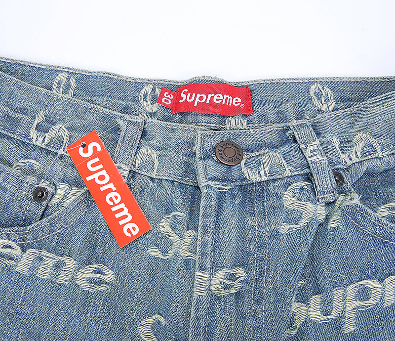 Supreme Frayed Logos Denim Trucker Pants BLUE