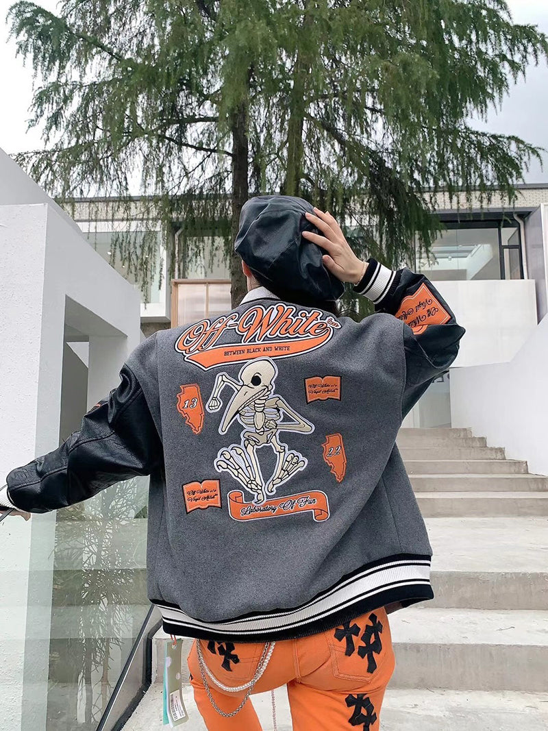 OFF - WHITE Grey wool and leather varsity jacket