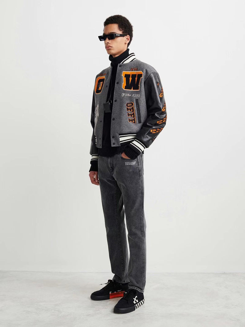 OFF - WHITE Grey wool and leather varsity jacket
