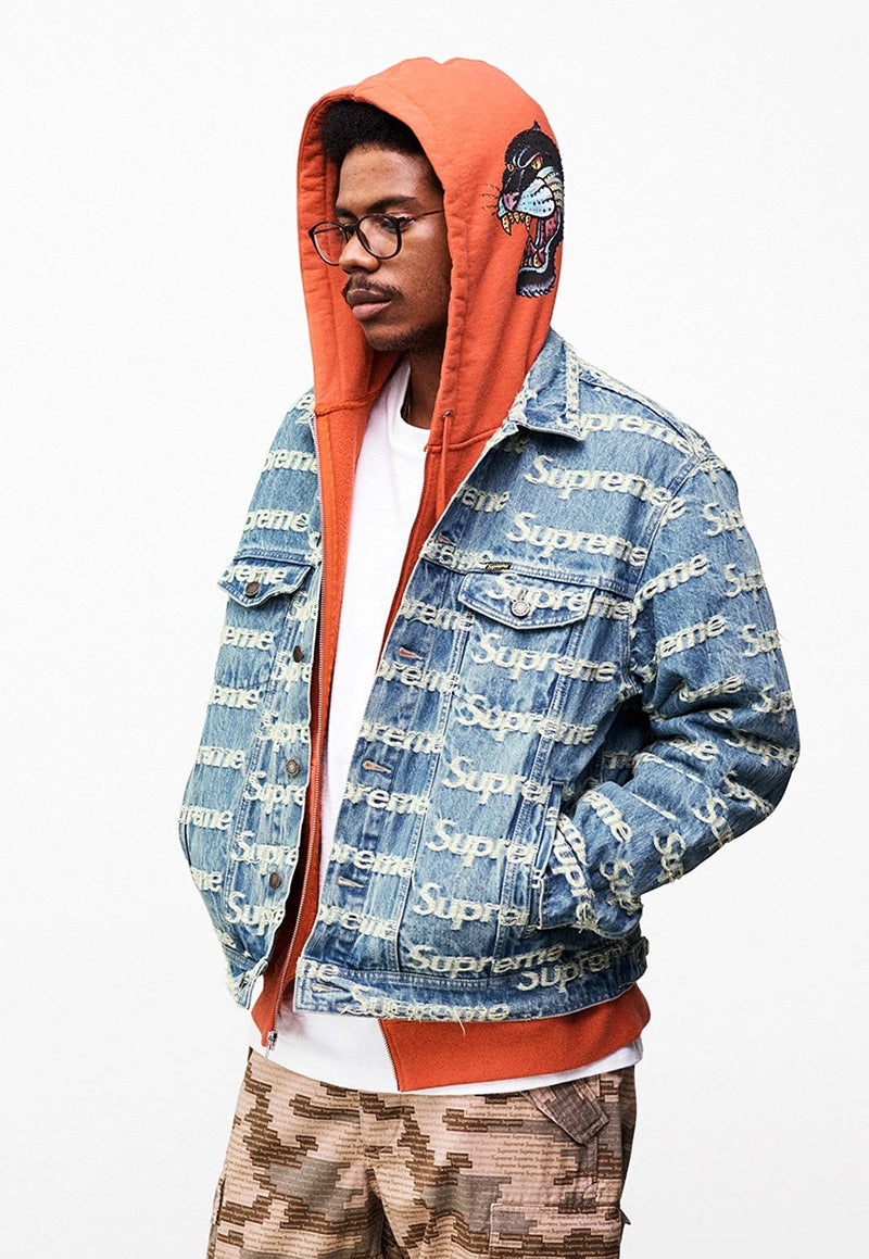 Supreme Frayed Logos Denim Trucker Jacket Blue