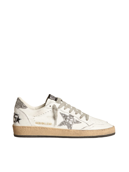 Golden Goose SUPERSTAR Ball Star in nappa bianca con stella e talloncino in glitter argento