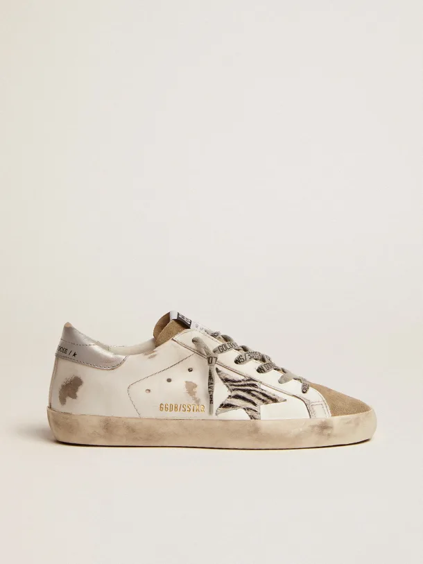 Golden Goose Super-Star silver laminated leather heel tab and zebra-print pony skin star