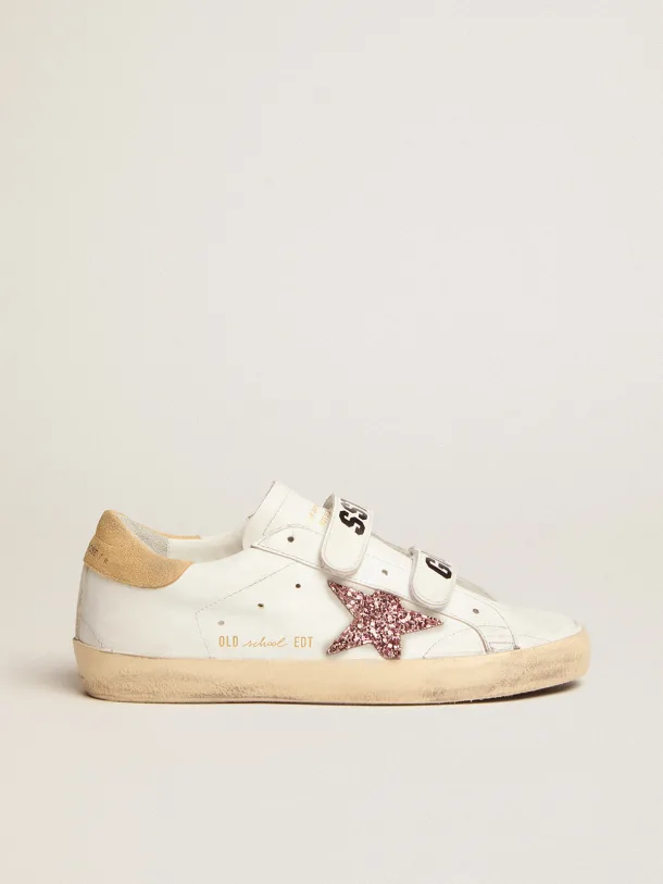 Golden Goose Old School with pink glitter star and sand-colored suede heel tab