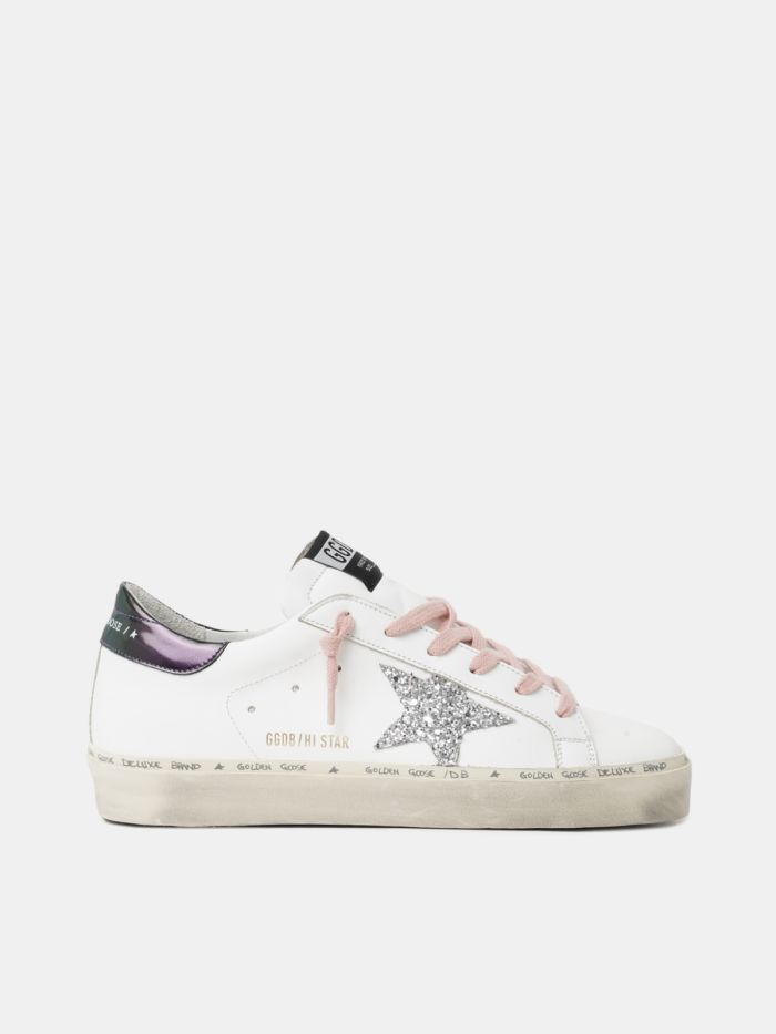 Golden Goose Hi-Star White glittery star and pink laces