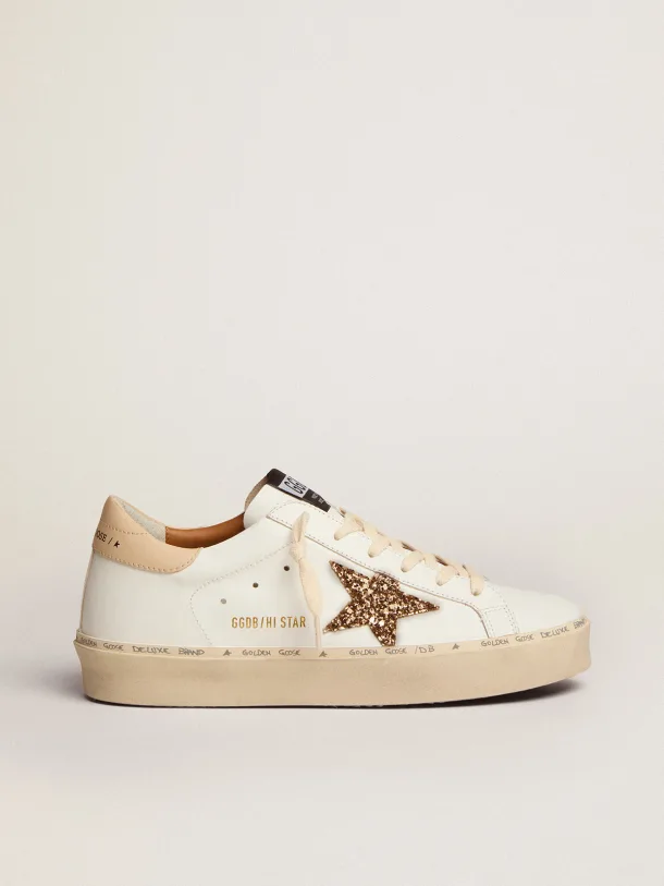 Golden Goose Hi-Star gold glitter star and beige leather heel tab