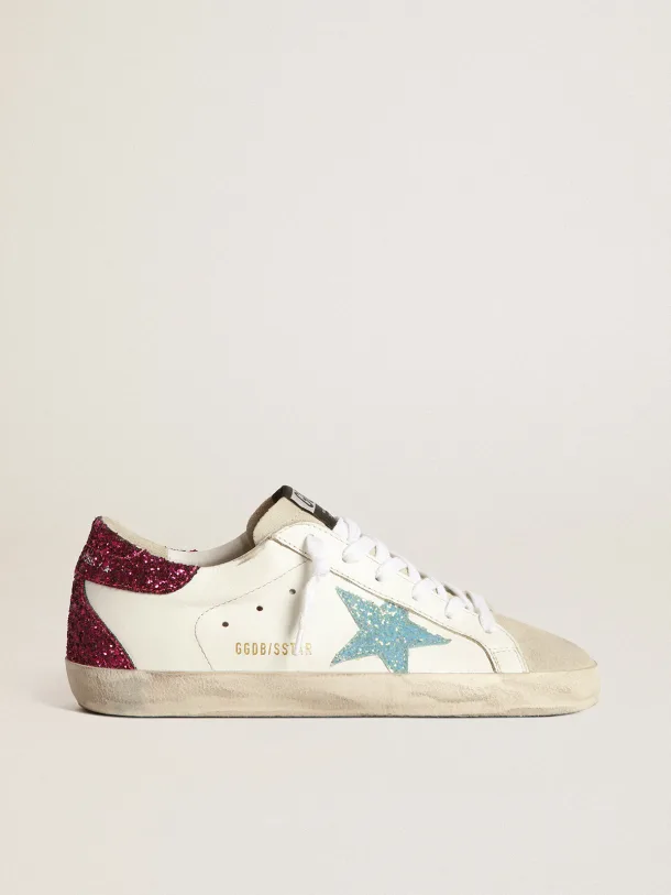 Golden Goose Super-Star light blue glitter star and purple glitter heel tab