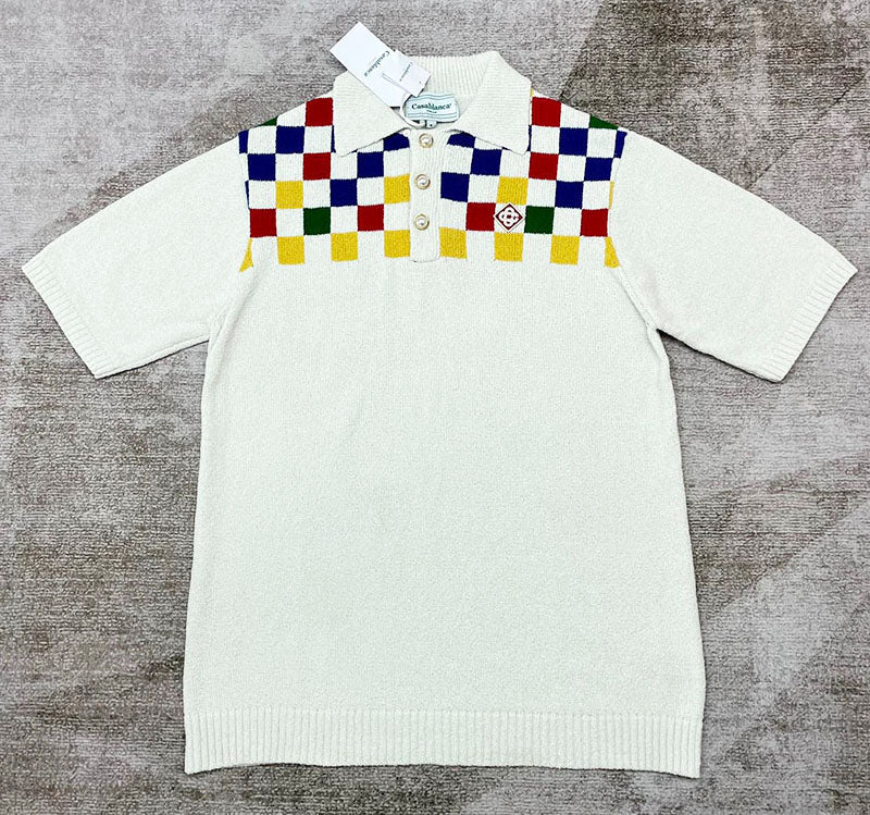 CASABLANCA Logo Patch Check Panelled Knitted Polo Shirt