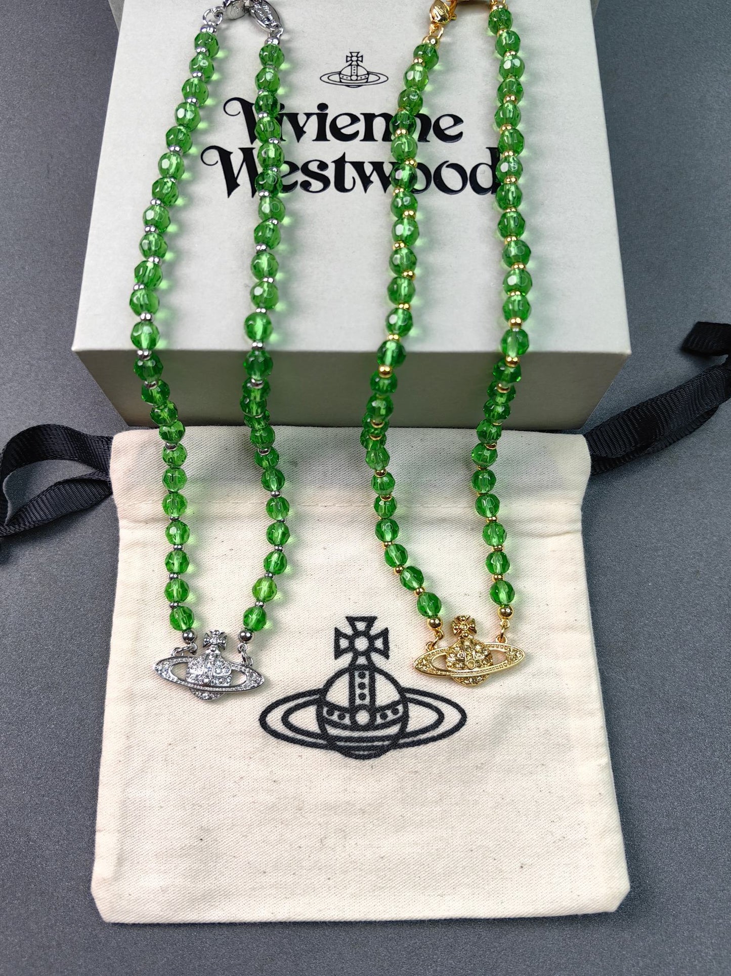 Vivienne Westwood Green Crystal Saturn Necklace Gold