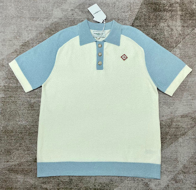 CASABLANCA Colour Blocking Boucle Polo Shirt White/Blue