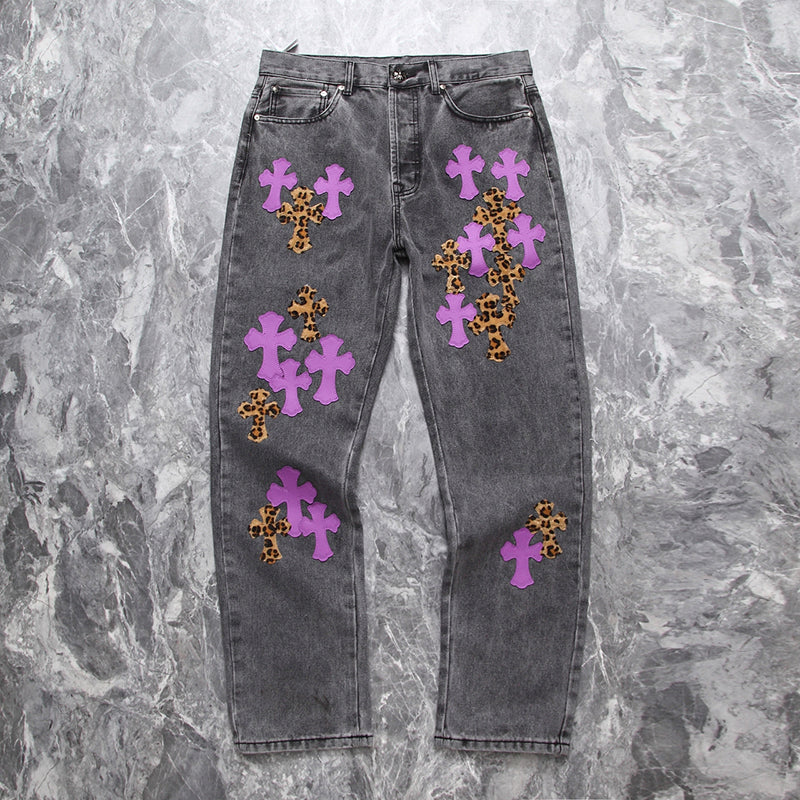 Chrome Hearts Pink and Leopard Cross Patch Jeans
