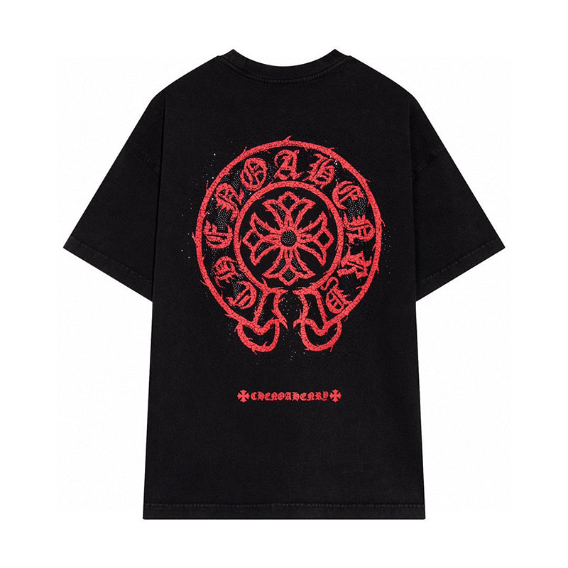 Chrome Hearts - Horseshoe Logo Red +Black Diamond Wash T-Shirt Grey
