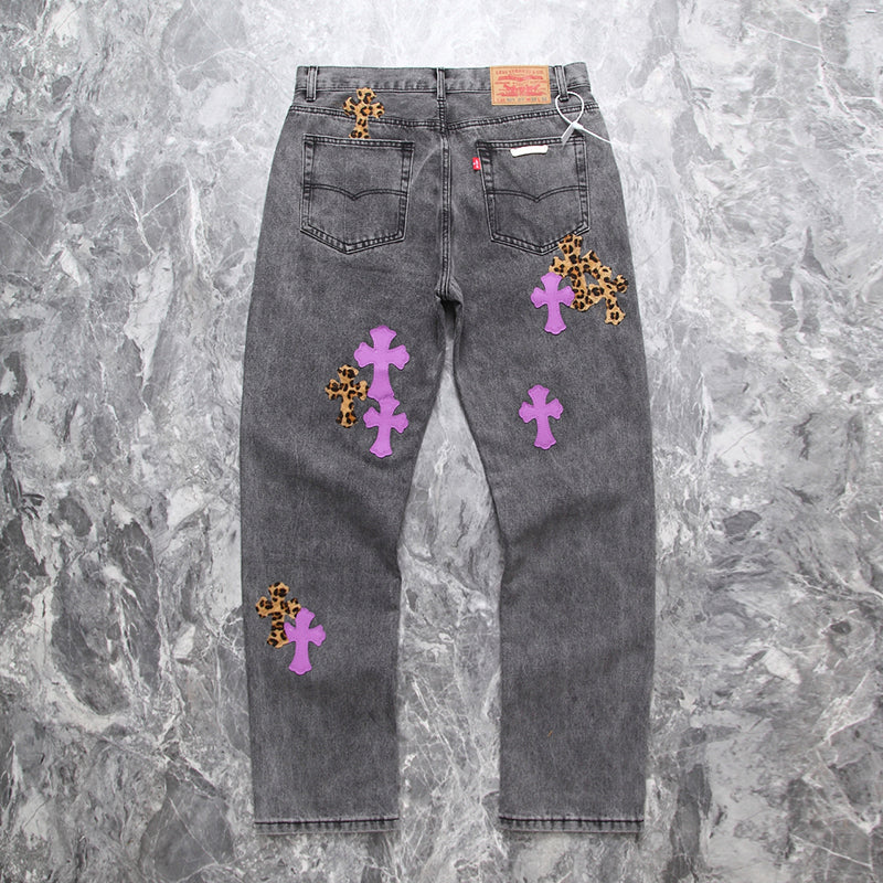 Chrome Hearts Pink and Leopard Cross Patch Jeans