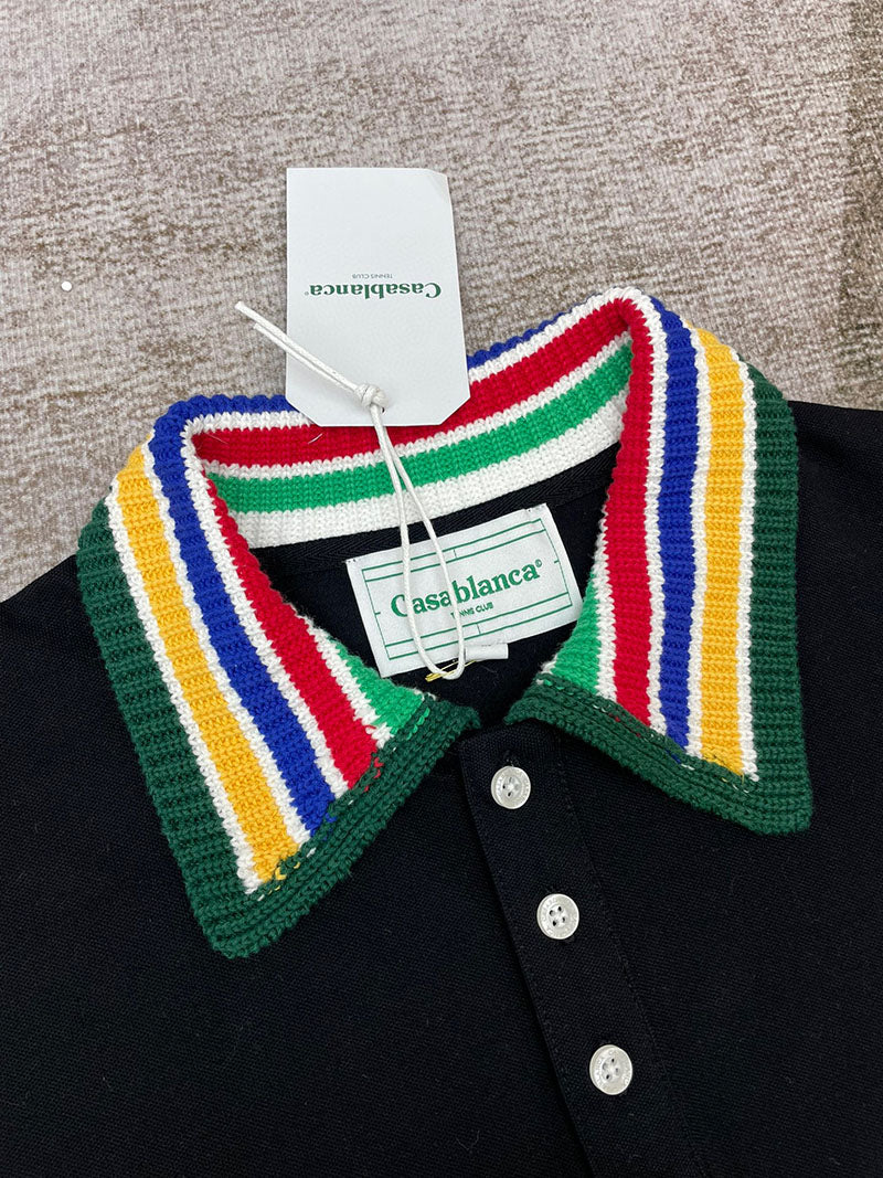 CASABLANCA Stripe Knit Collar Polo Shirt Black