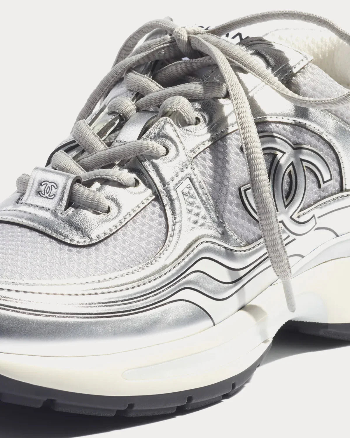 Chanel Fabric & Laminated White & Silver Low