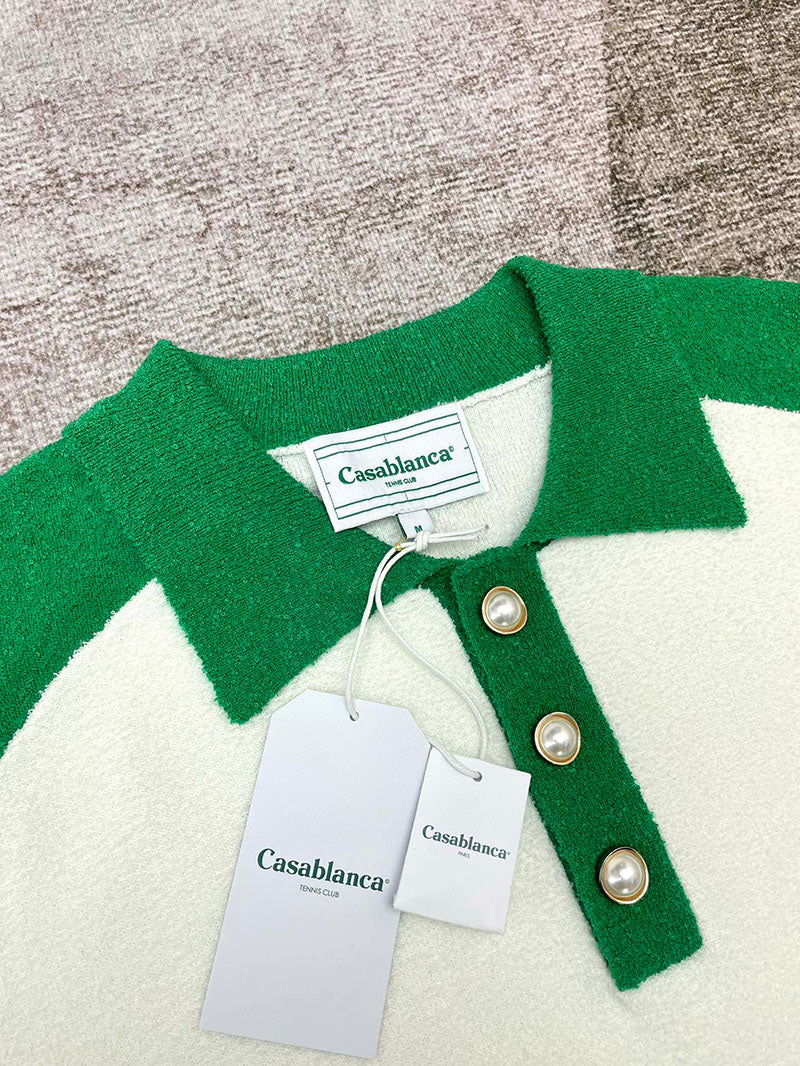 CASABLANCA Colour Blocking Boucle Polo Shirt White/Green