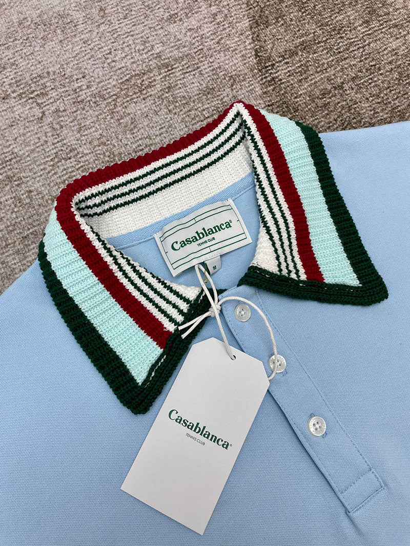 CASABLANCA Stripe Knit Collar Polo Shirt Blue