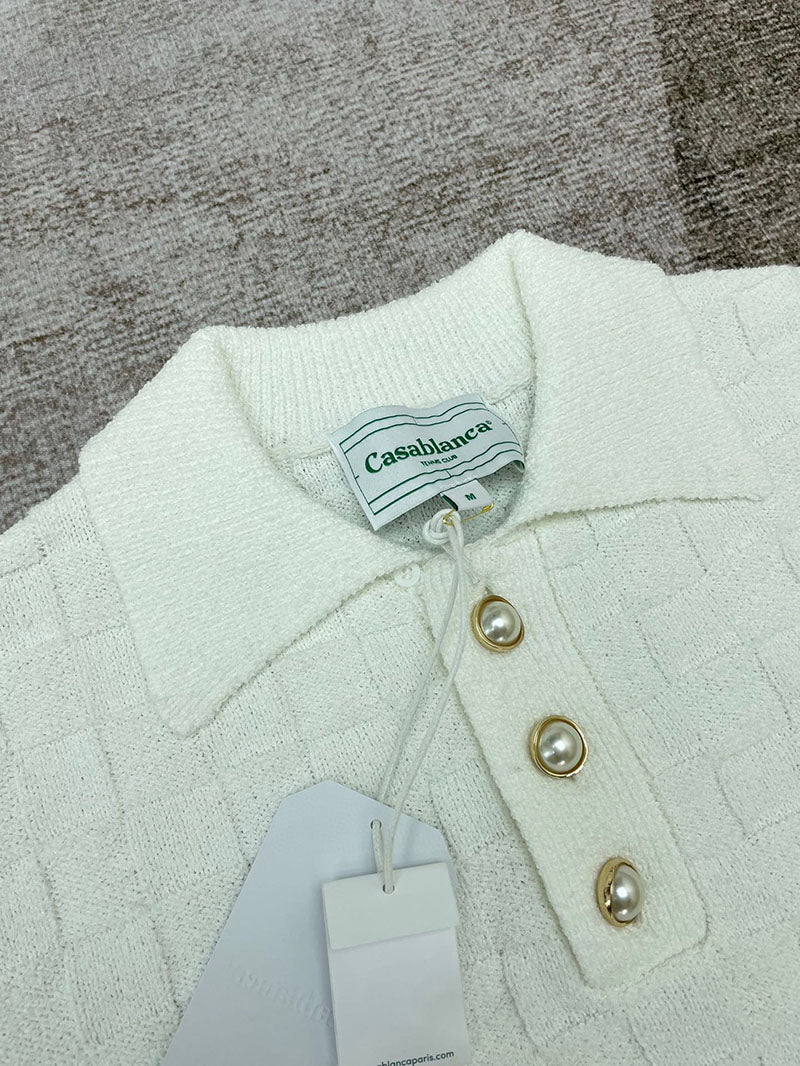 CASABLANCA logo-embroidered Bouclé Polo Shirt White