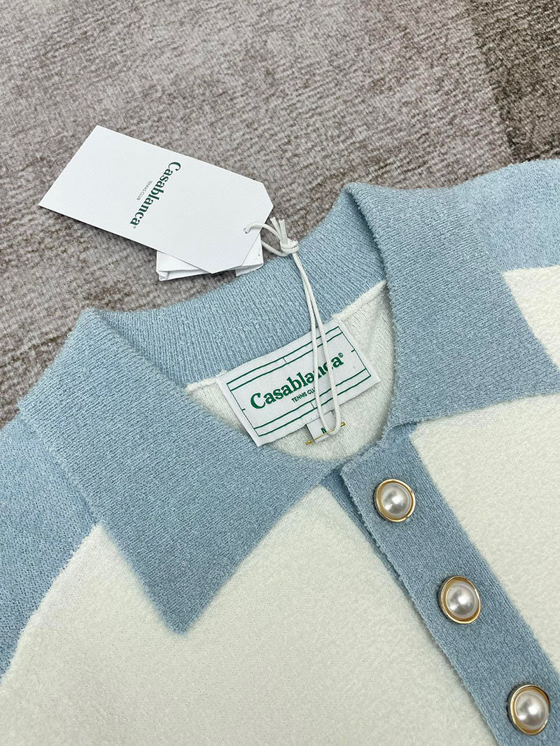 CASABLANCA Colour Blocking Boucle Polo Shirt White/Blue