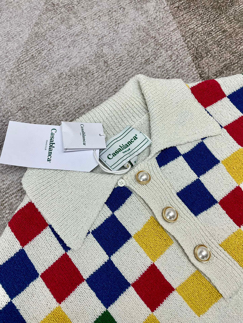 CASABLANCA Logo Patch Check Panelled Knitted Polo Shirt