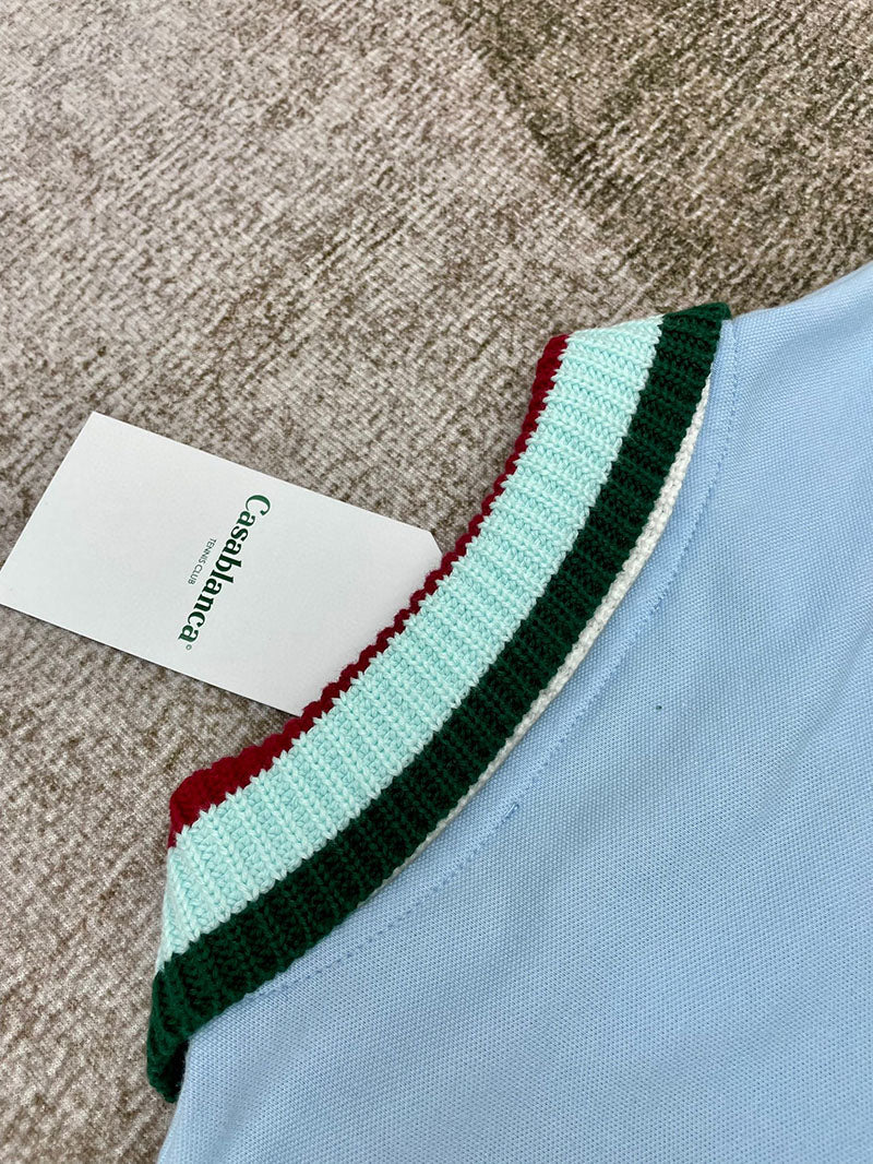 CASABLANCA Stripe Knit Collar Polo Shirt Blue
