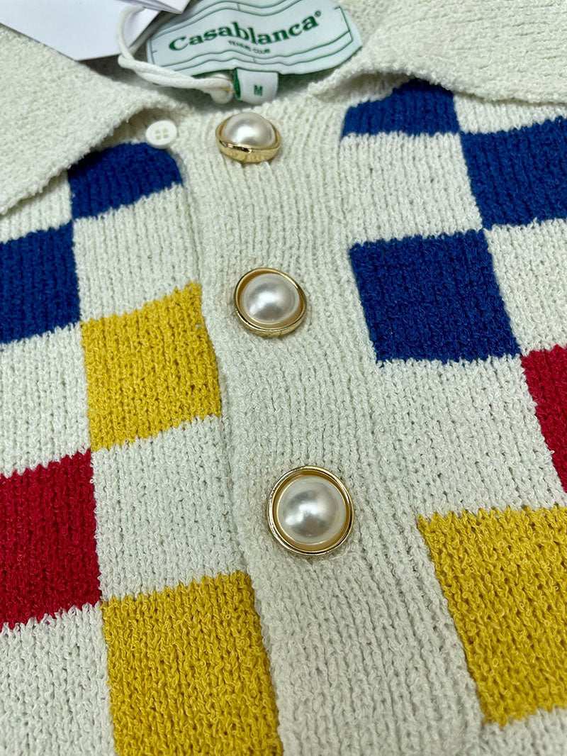 CASABLANCA Logo Patch Check Panelled Knitted Polo Shirt