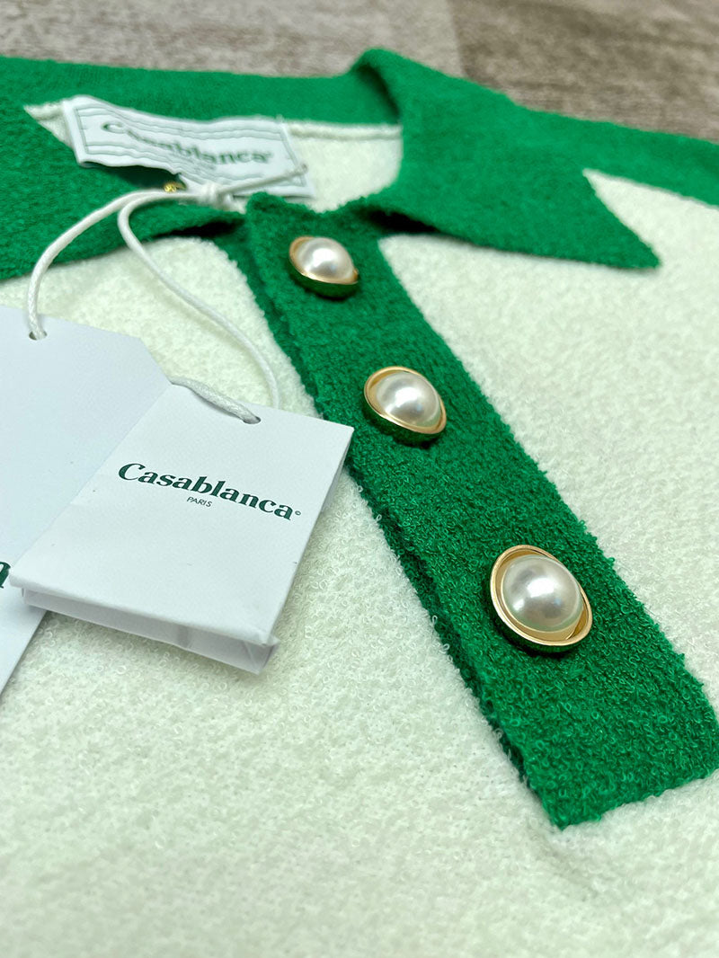 CASABLANCA Colour Blocking Boucle Polo Shirt White/Green