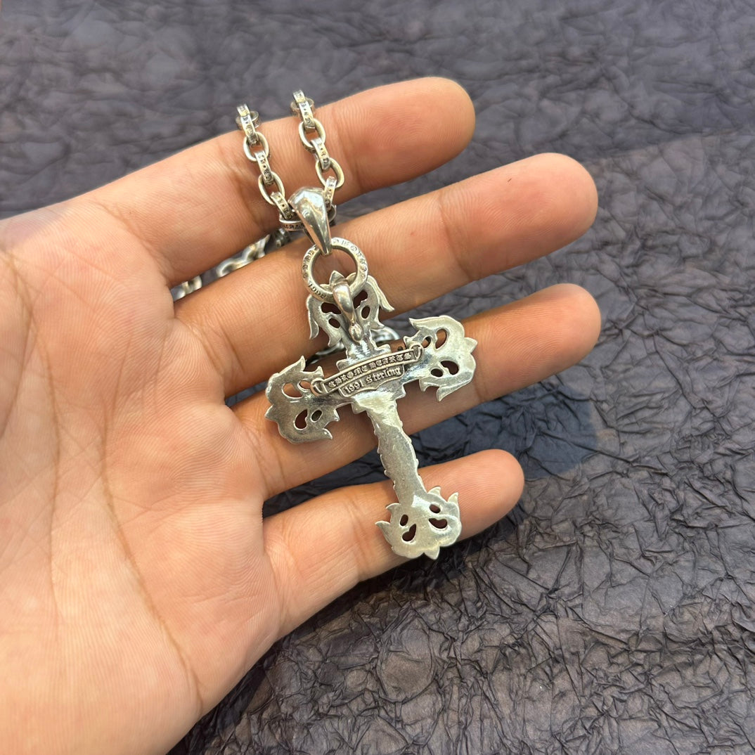 Chrome Hearts - Sterling Silver Retro Punk style Flame Cross Pendant