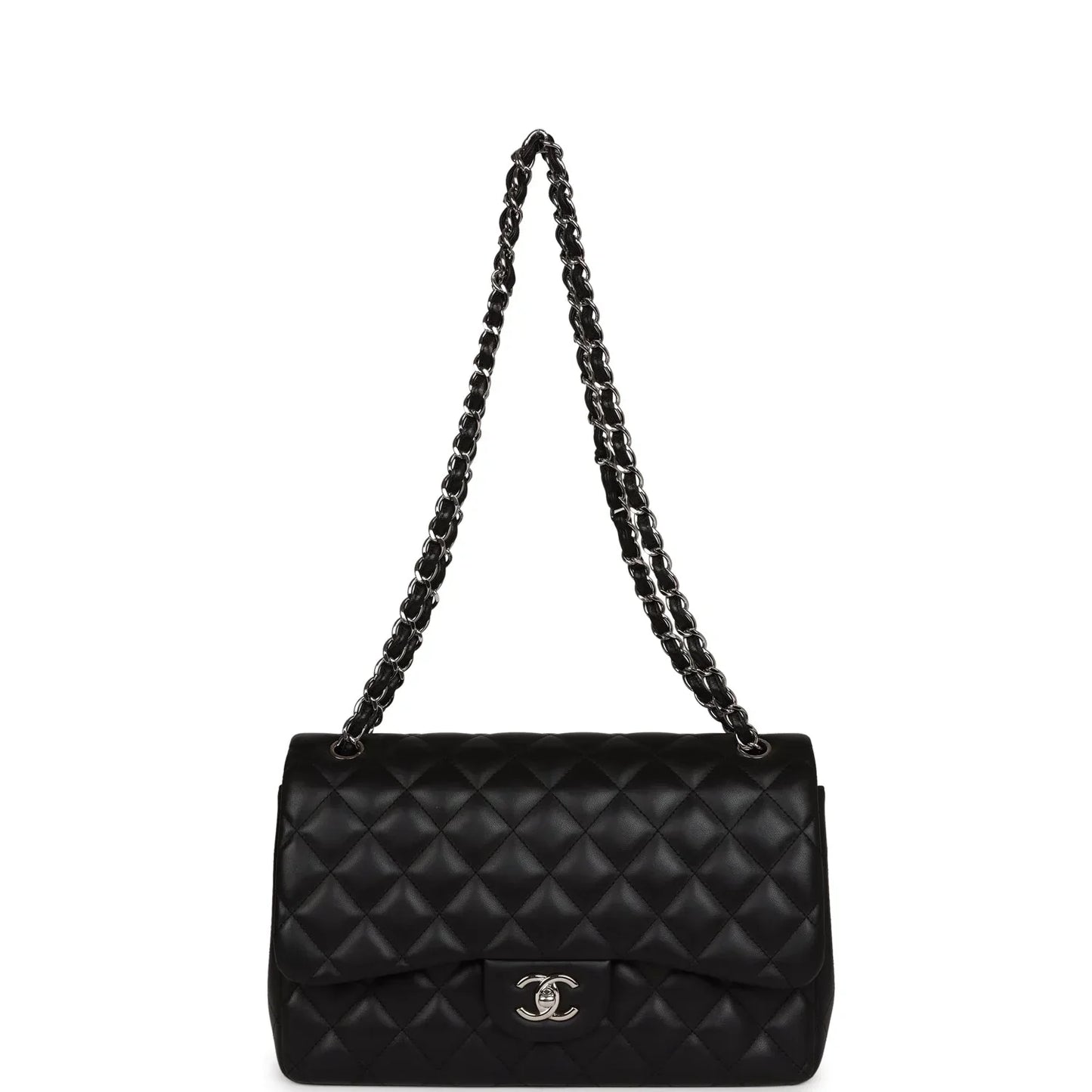 Chanel Classic Double Flap Quilted Lambskin Silver-tone Jumbo Black