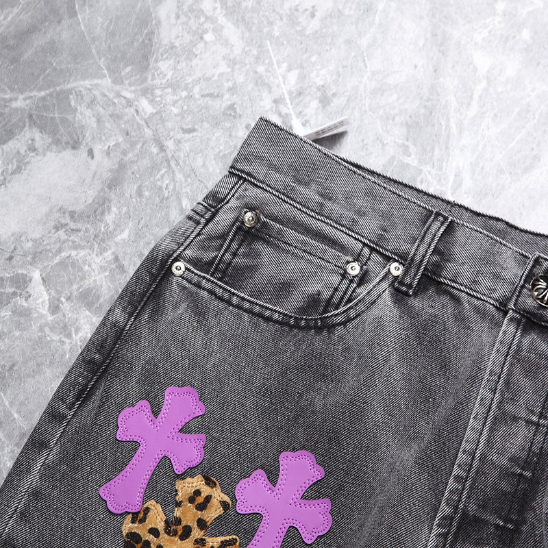 Chrome Hearts Pink and Leopard Cross Patch Jeans