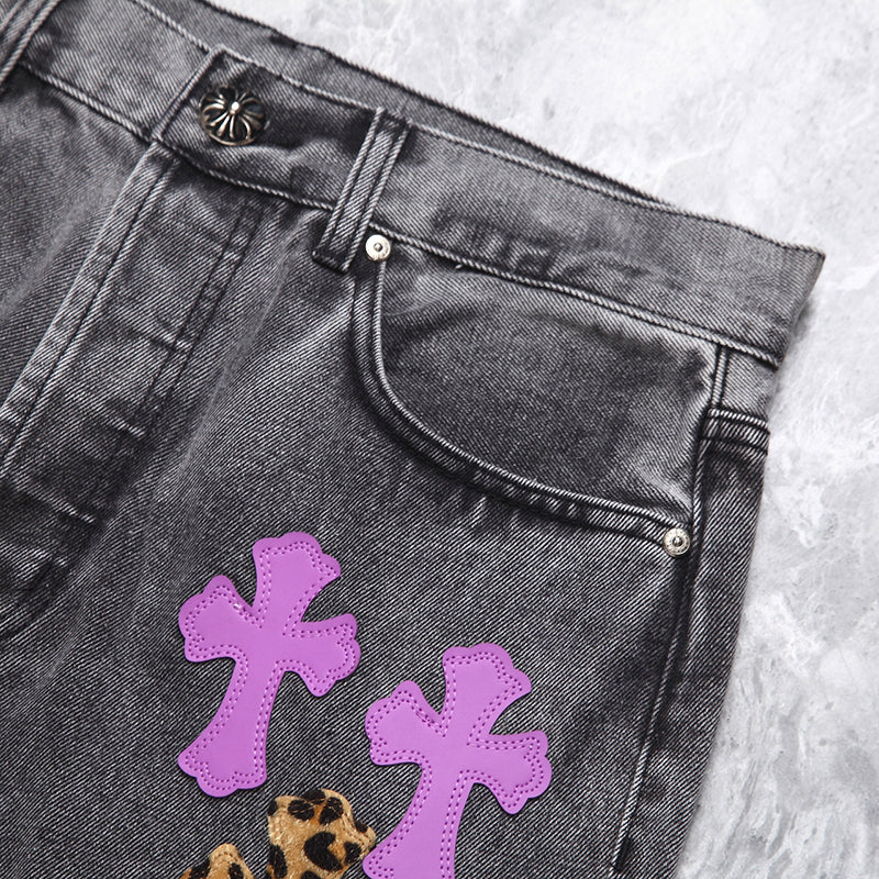 Chrome Hearts Pink and Leopard Cross Patch Jeans
