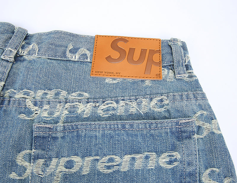 Supreme Frayed Logos Denim Trucker Pants BLUE