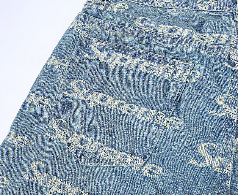 Supreme Frayed Logos Denim Trucker Pants BLUE