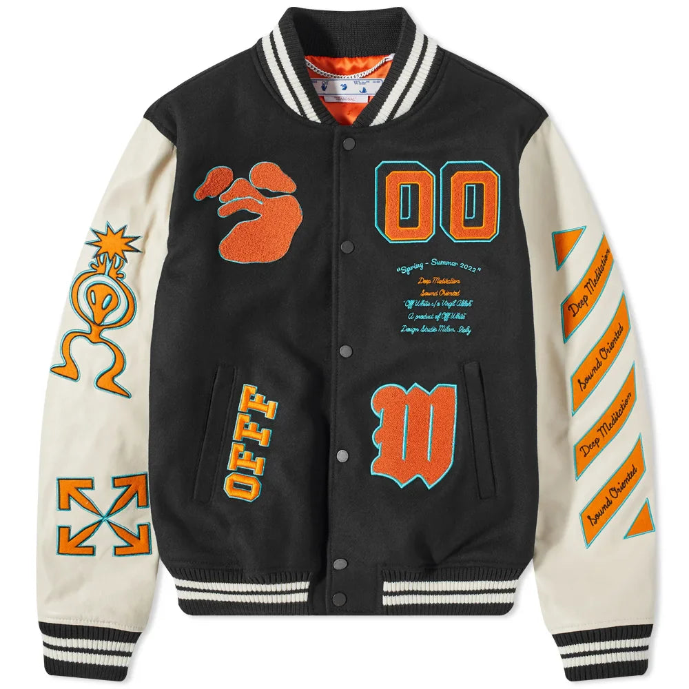 OFF-WHITE GRAPHICS LEATHER VARSITY JACKET Black Orange