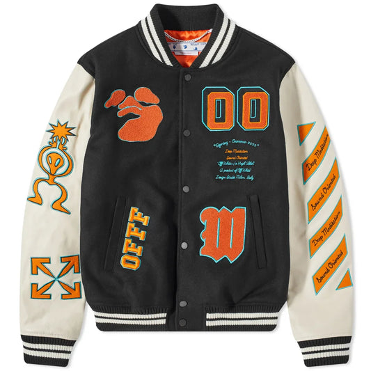 OFF-WHITE GRAPHICS LEATHER VARSITY JACKET Black Orange