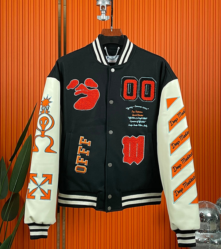 OFF-WHITE GRAPHICS LEATHER VARSITY JACKET Black Orange