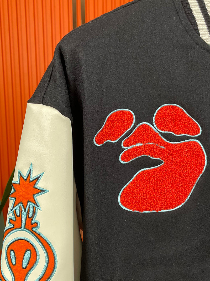 OFF-WHITE GRAPHICS LEATHER VARSITY JACKET Black Orange