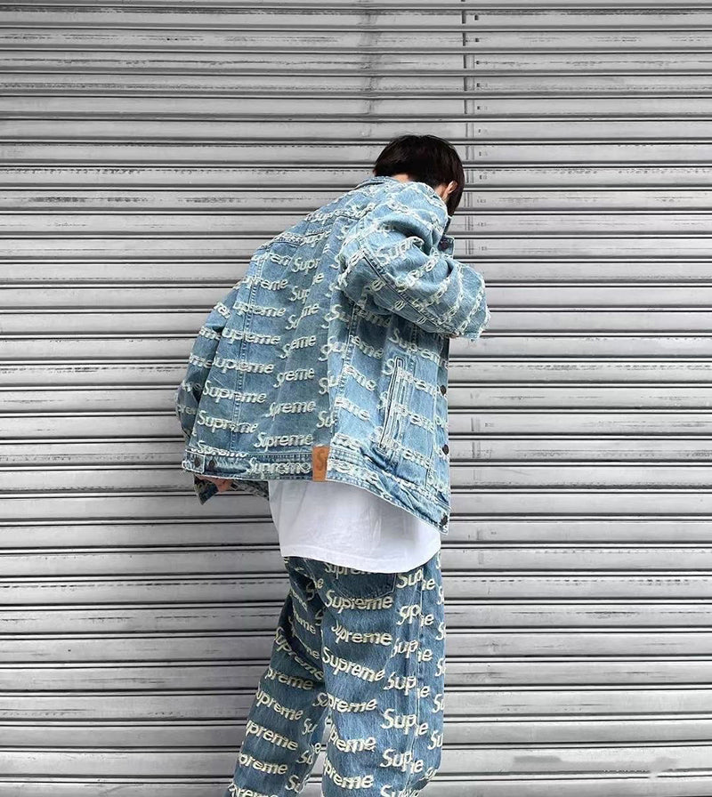 Supreme Frayed Logos Denim Trucker Jacket Blue