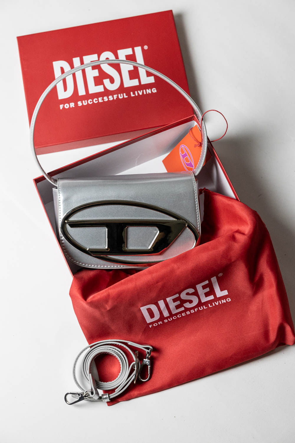 Diesel 1DR Iconic Bag D Logo Plaque Silver