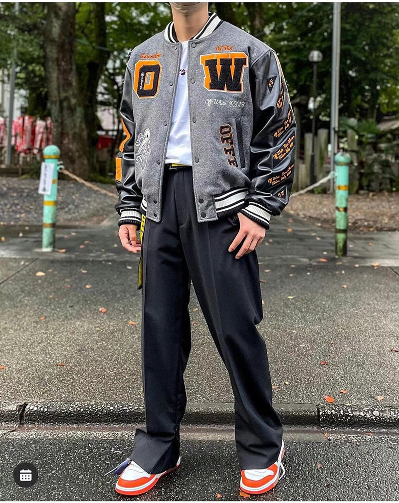 OFF - WHITE Grey wool and leather varsity jacket