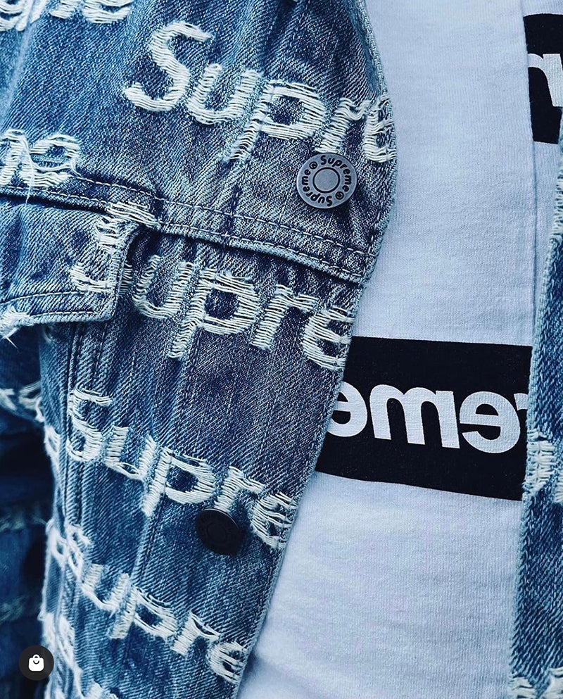 Supreme Frayed Logos Denim Trucker Jacket Blue