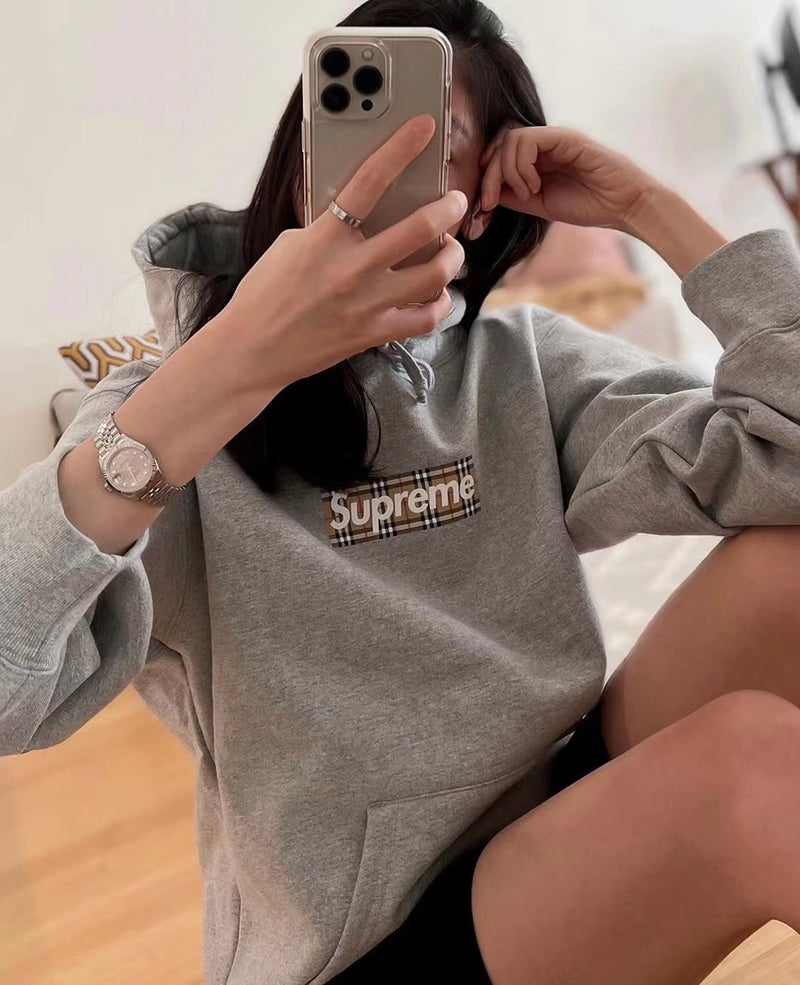 Supreme Burberry Box Logo Hooded Sweatshirt Heather Grey