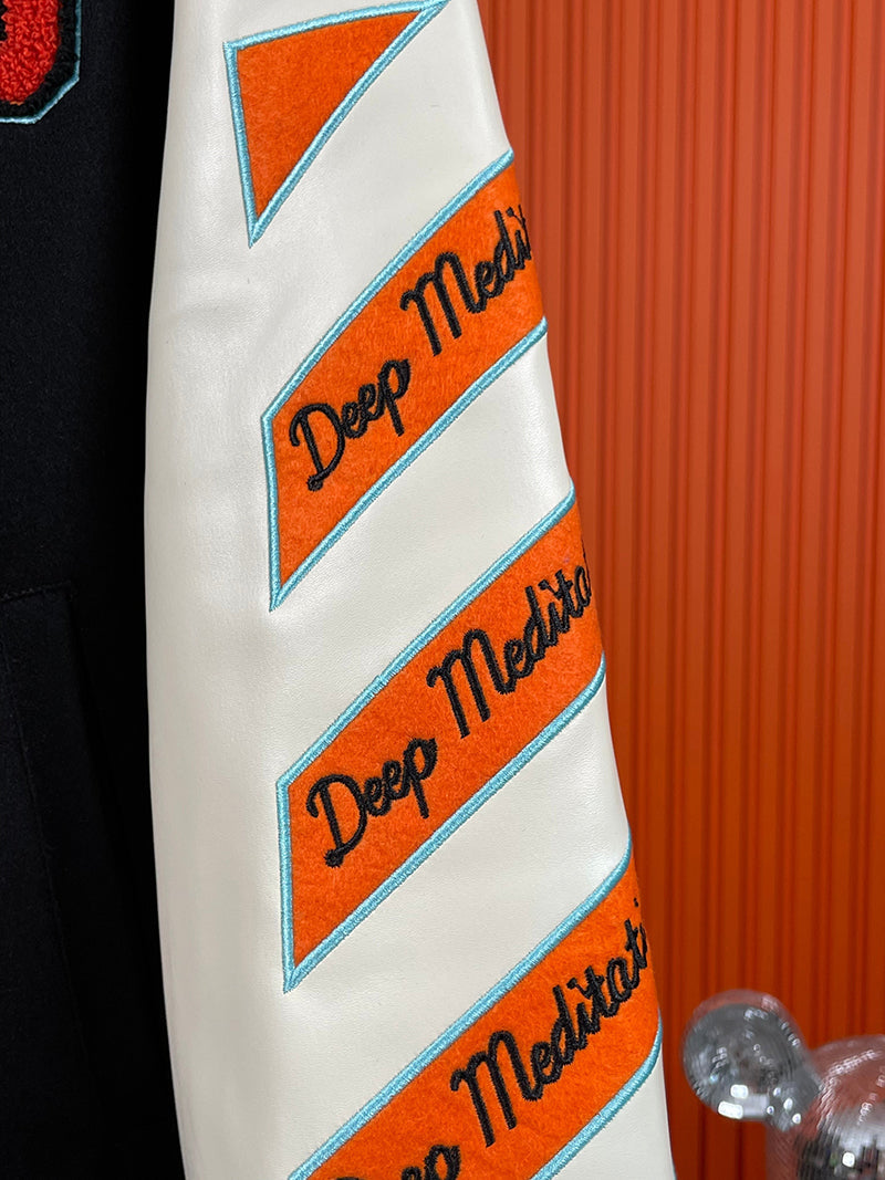 OFF-WHITE GRAPHICS LEATHER VARSITY JACKET Black Orange