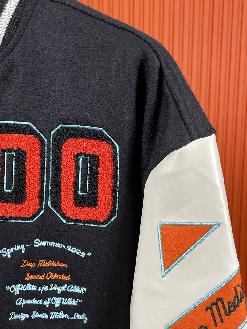 OFF-WHITE GRAPHICS LEATHER VARSITY JACKET Black Orange