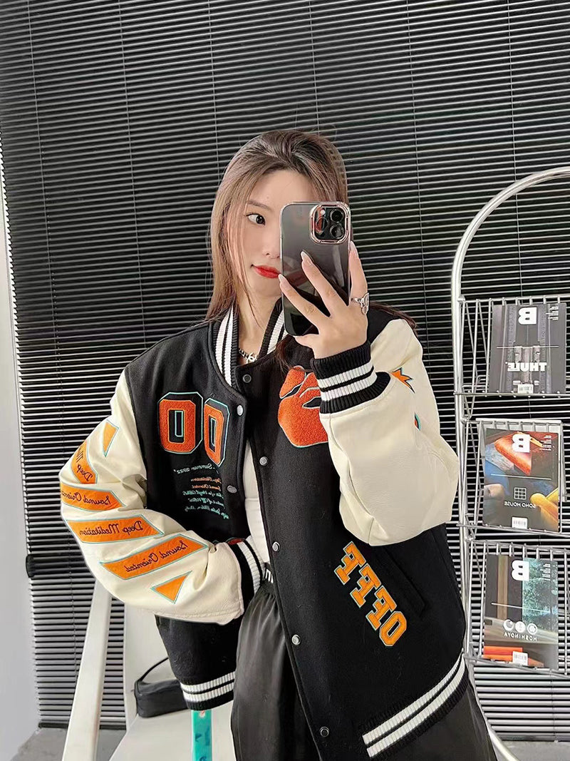OFF-WHITE GRAPHICS LEATHER VARSITY JACKET Black Orange