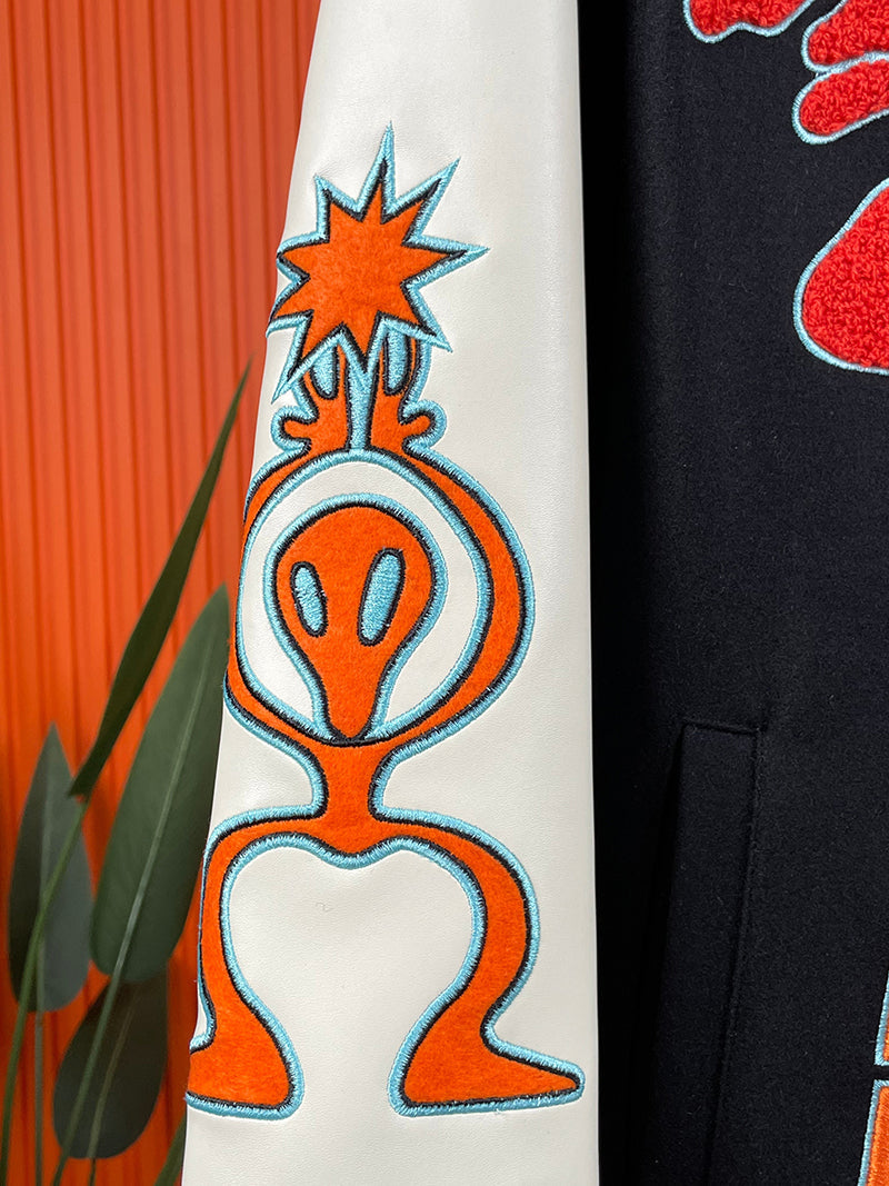 OFF-WHITE GRAPHICS LEATHER VARSITY JACKET Black Orange