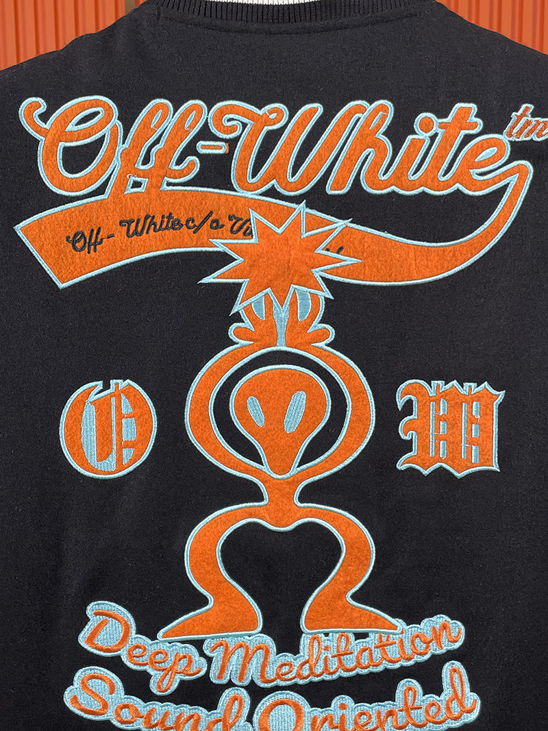 OFF-WHITE GRAPHICS LEATHER VARSITY JACKET Black Orange