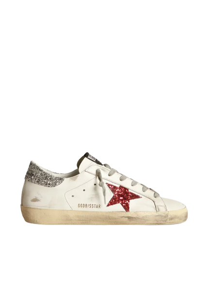 Golden Goose White Super-Star sneakers in leather with glittery red star