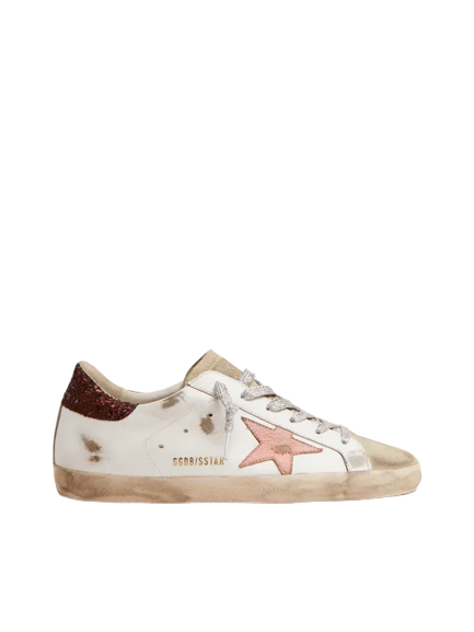 Golden Goose Super-Star with brown glitter heel tab and pink crackled leather star