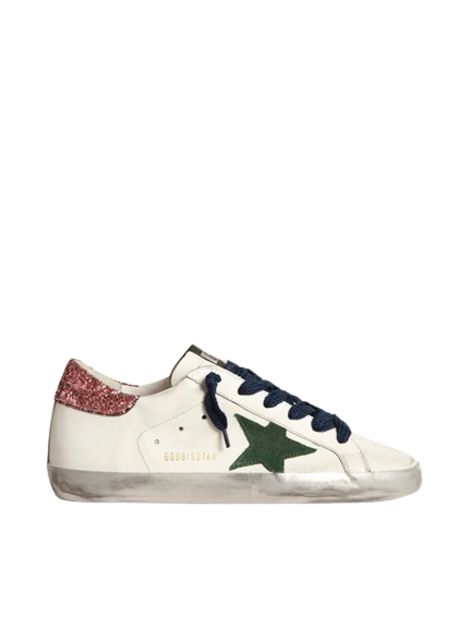 Golden Goose Super-Star with green suede star and pink glitter heel tab