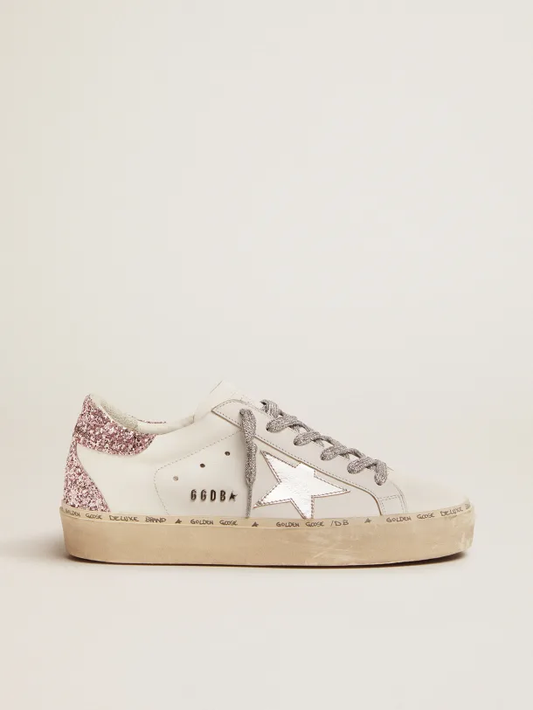Golden Goose Old School silver laminated leather star and quartz-pink glitter heel tab